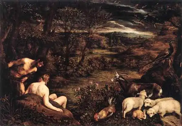 The garden of Eden. Painting by Jacopo Bassano, 1573.