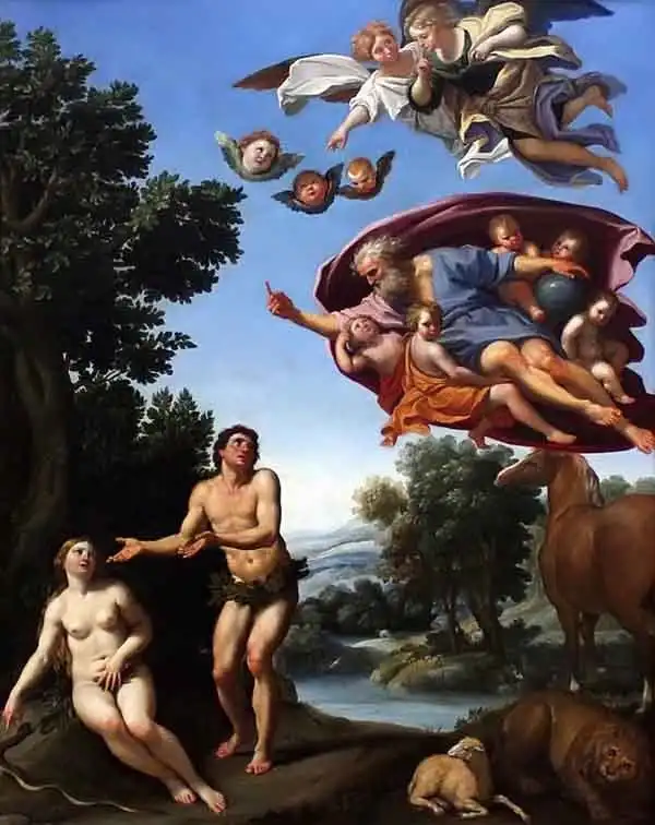 Adam and Eve in the garden of Eden, defending themselves from God's accusation. Painting by Domenichino, 1625.