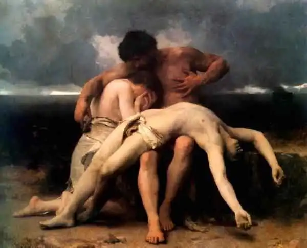 Adam and Eve mourn the death of their son Abel, killed by his brother Cain. Painting by William Bouguereau, 1888.