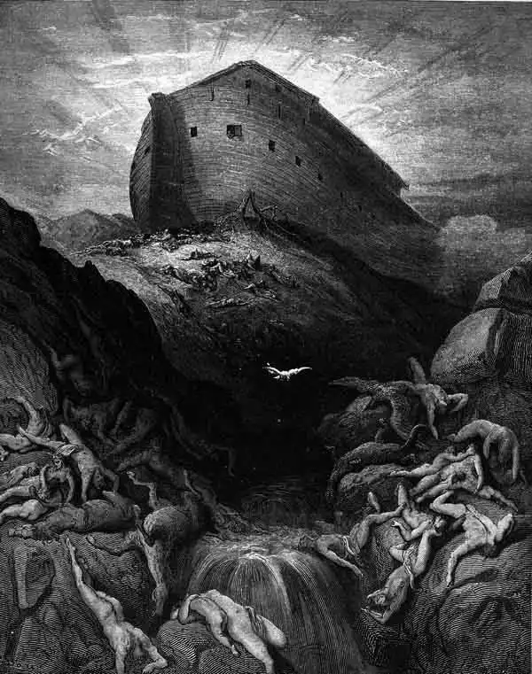 The dove sent out from Noah's ark. Bible illustration by Gustave Dor,1866.