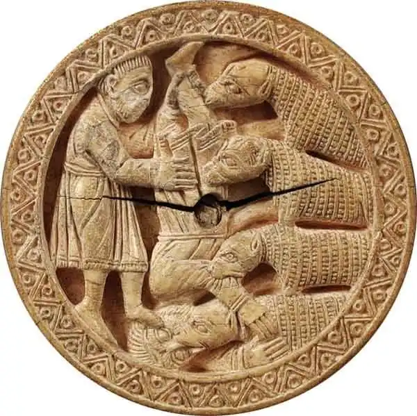 Hercules throws Diomedes to his man-eating horses. German game piece, c. 1150.