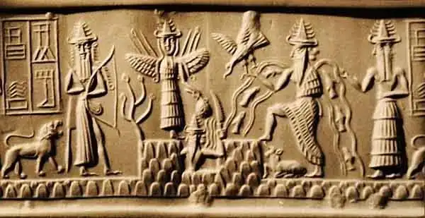 Four Babylonian gods on the Adda Seal, c. 2300 BC.