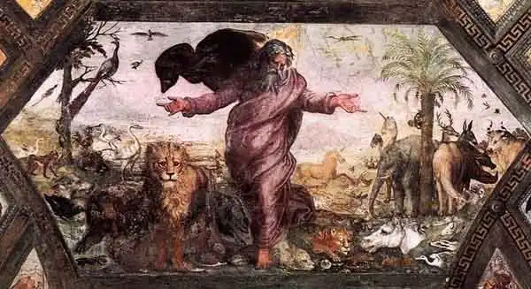 God creates the land living animals, by Raphael Sanzio 1519.