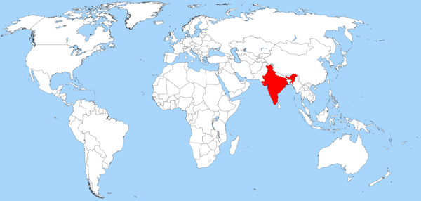 Present-day India on the world map.